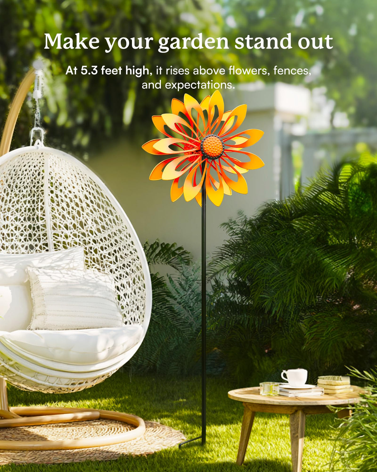 Cyan Oasis wind spinner adjustable pole demonstrates height flexibility