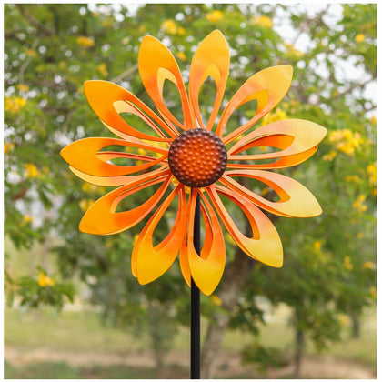 Cyan Oasis sunflower wind spinner front view in a bright garden