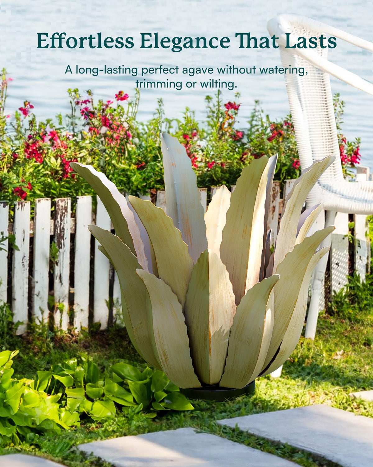 Cyan Oasis weather-resistant yard art designed to withstand sun, wind, and rain
