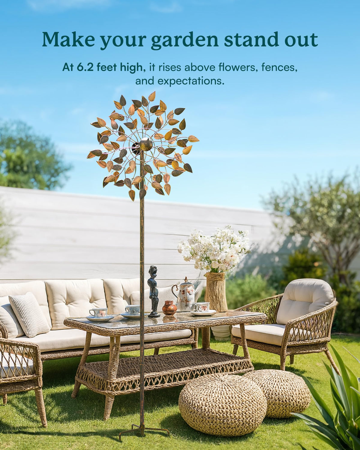 Cyan Oasis wind spinner metal finish outdoor endures weather and resists fading.