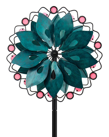 Cyan Oasis wind spinner outdoors stake adds color and gentle motion to your garden