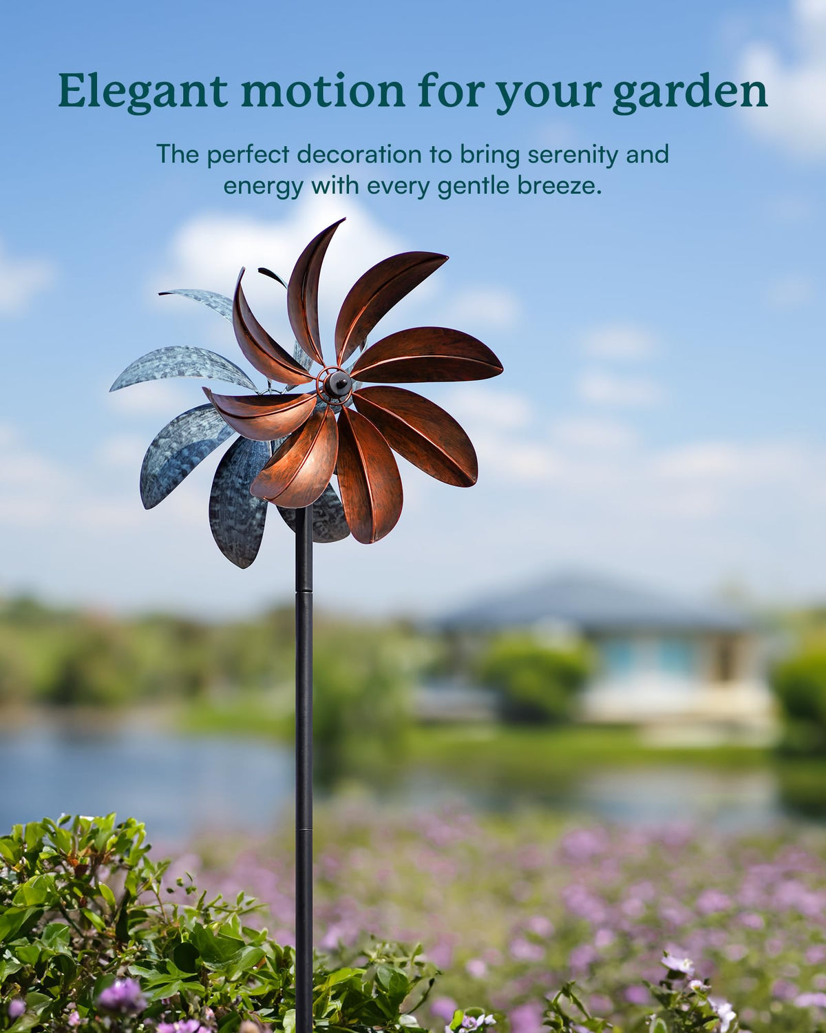 Cyan Oasis wind spinner embodies calm motion for outdoor ambiance