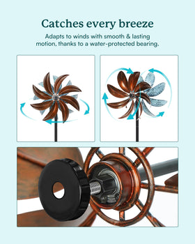 Cyan Oasis wind spinner side-by-side blades showcase copper-teal contrast while spinning