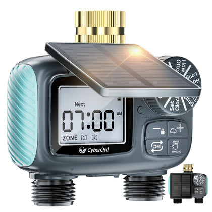 CyberOrd 2 Zone Solar Water Timer front display shows programmable settings.