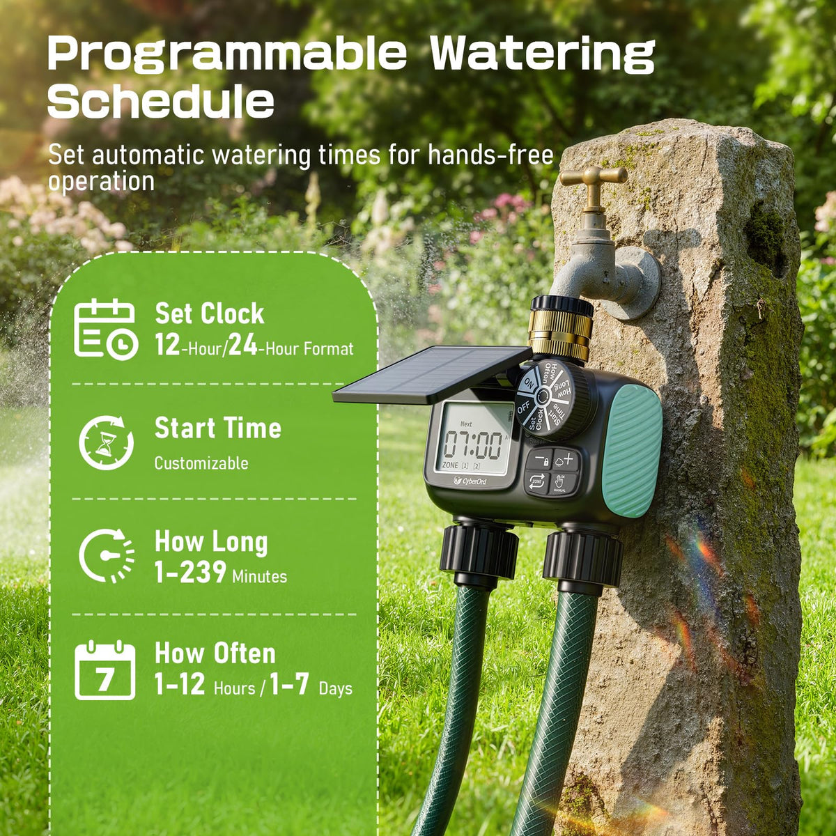 CyberOrd dual-zone irrigation schedules tailor watering for different plants.