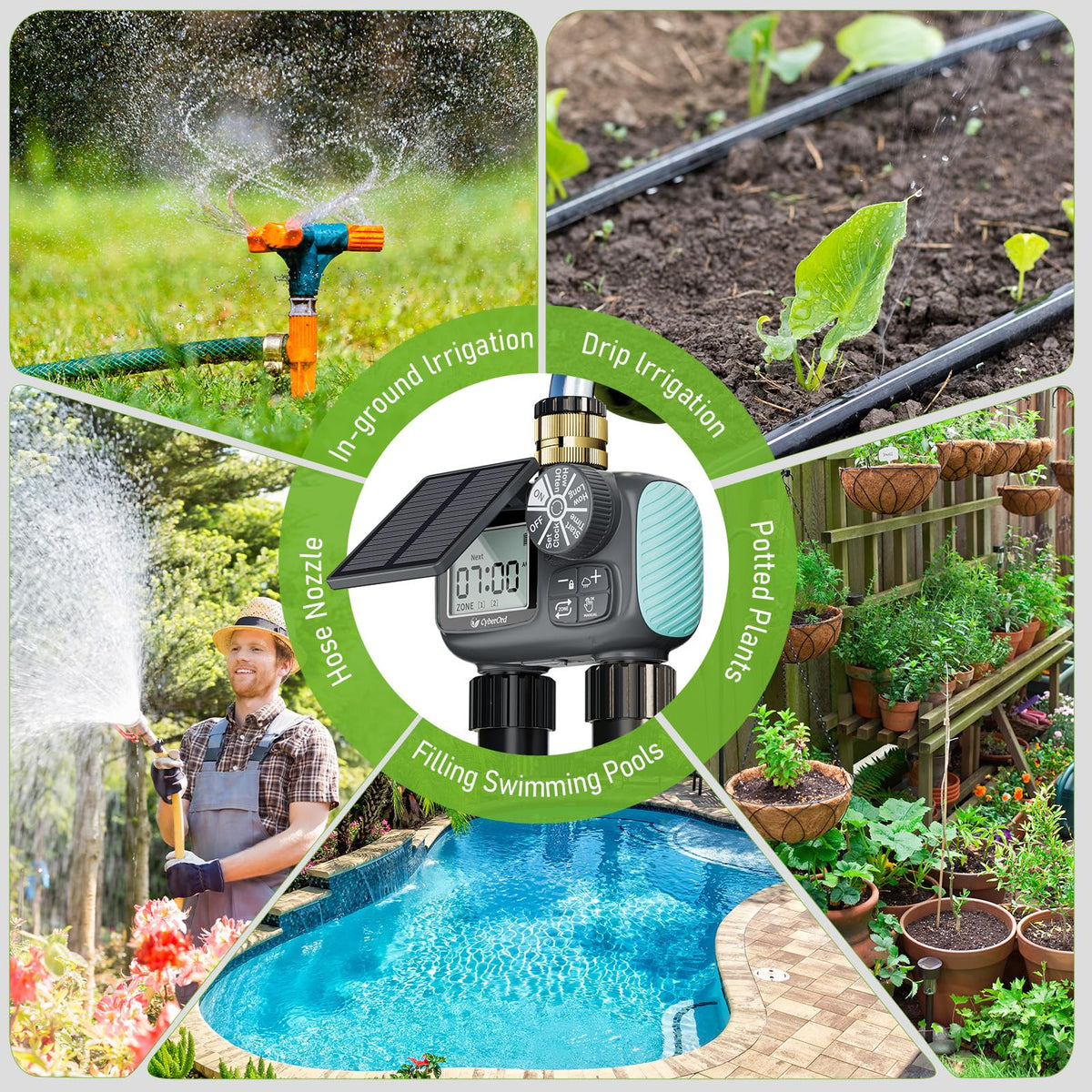 CyberOrd outdoor garden hose setup demonstrates a secure, weather-ready connection.
