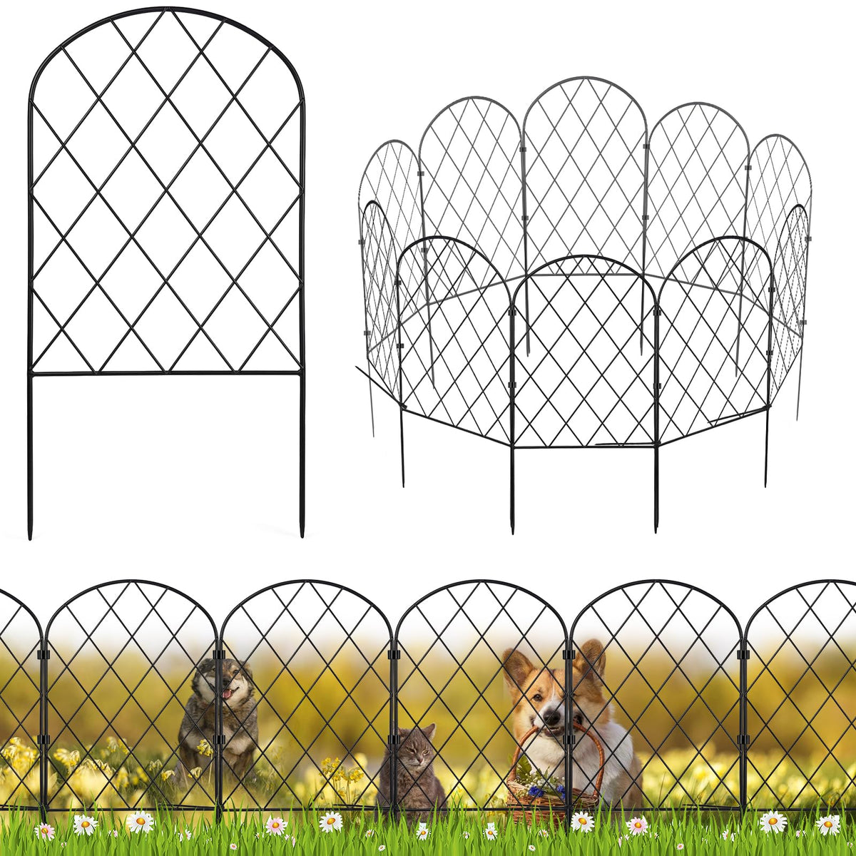 Cycayit no-dig fence arched panel borders a flower bed.