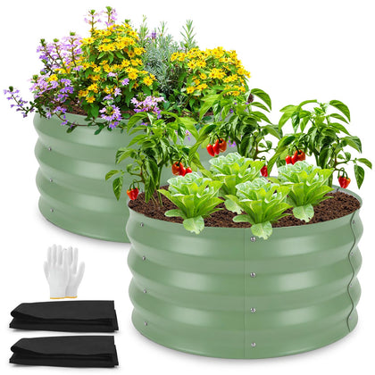 Cycayit round metal raised garden bed 2-pack in sage green for versatile outdoor planting.
