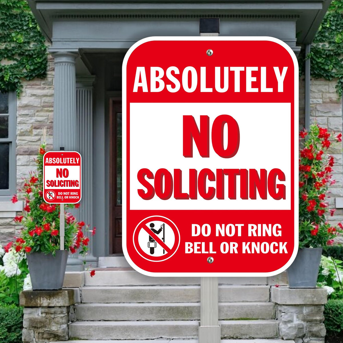 Cyedamu No Soliciting sign stake assembly showing easy setup