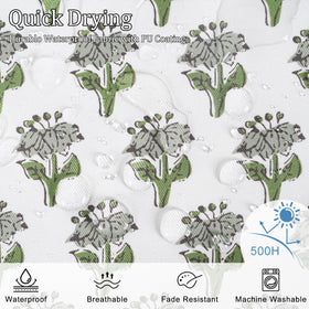 Cygnus green floral outdoor pillow cover with ruffle detail adds elegant charm.