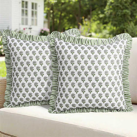 Cygnus green floral outdoor pillow cover with waterproof fabric for patio protection.