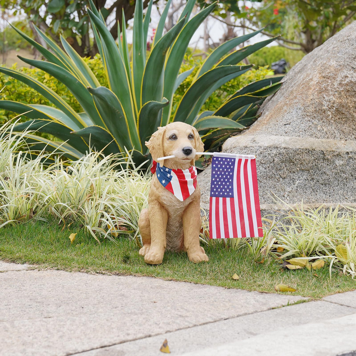 Cynkeyee resin dog statue for porch display enhances warm yard charm.