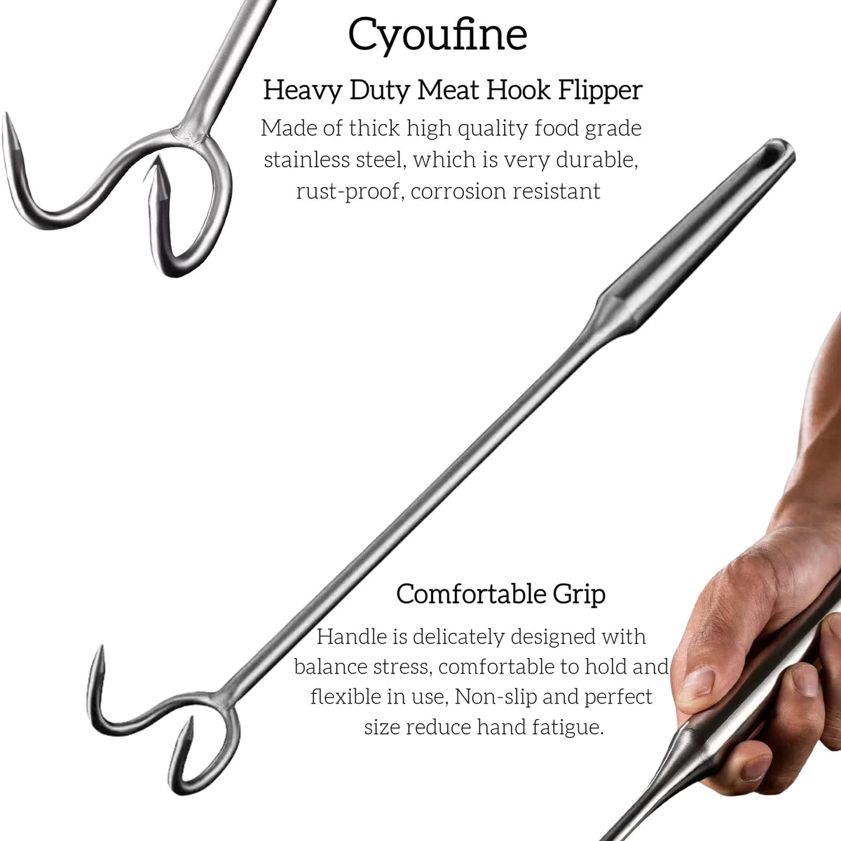 Cyoufine meat hook flipper on grill setup enables versatile movements