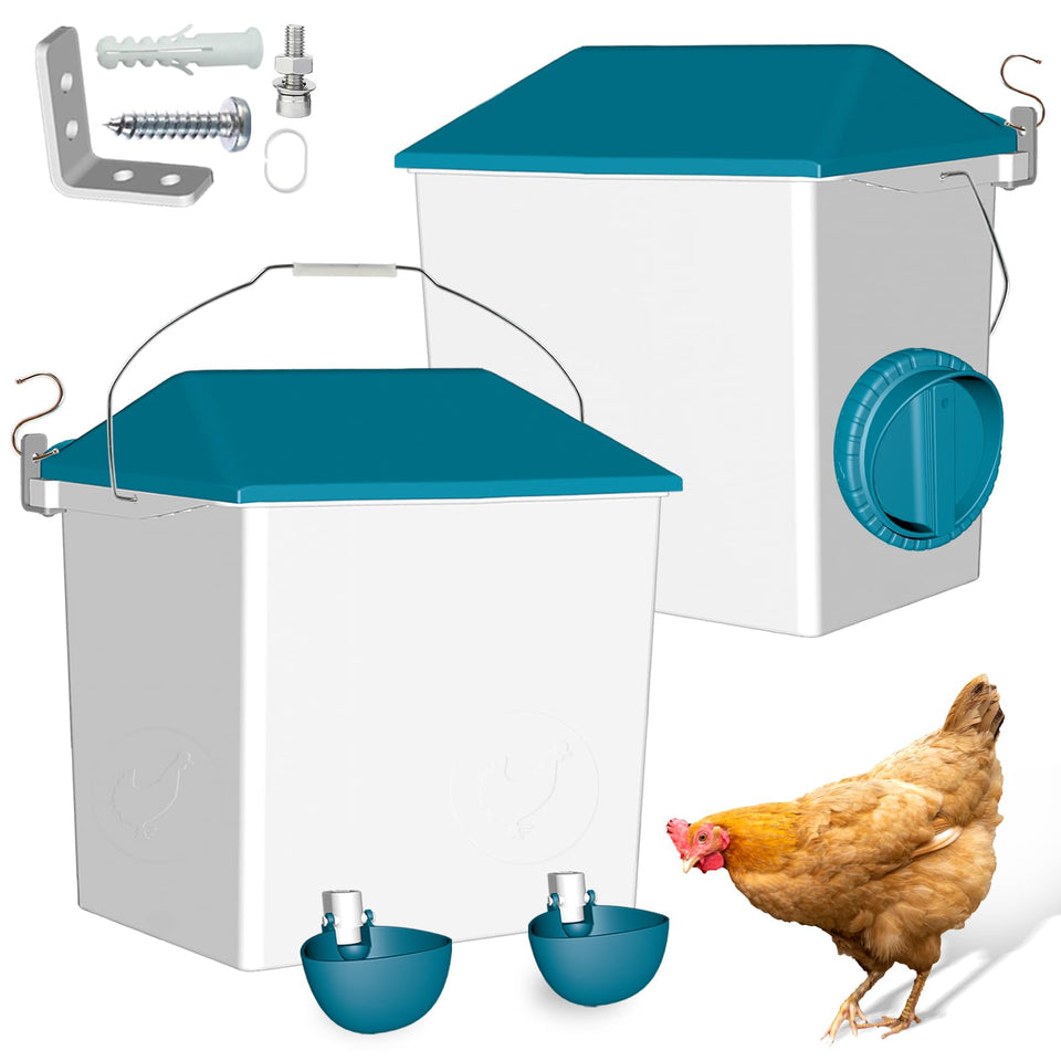 Cyrico chicken feeder no-waste keeps feed dry and reduces waste.