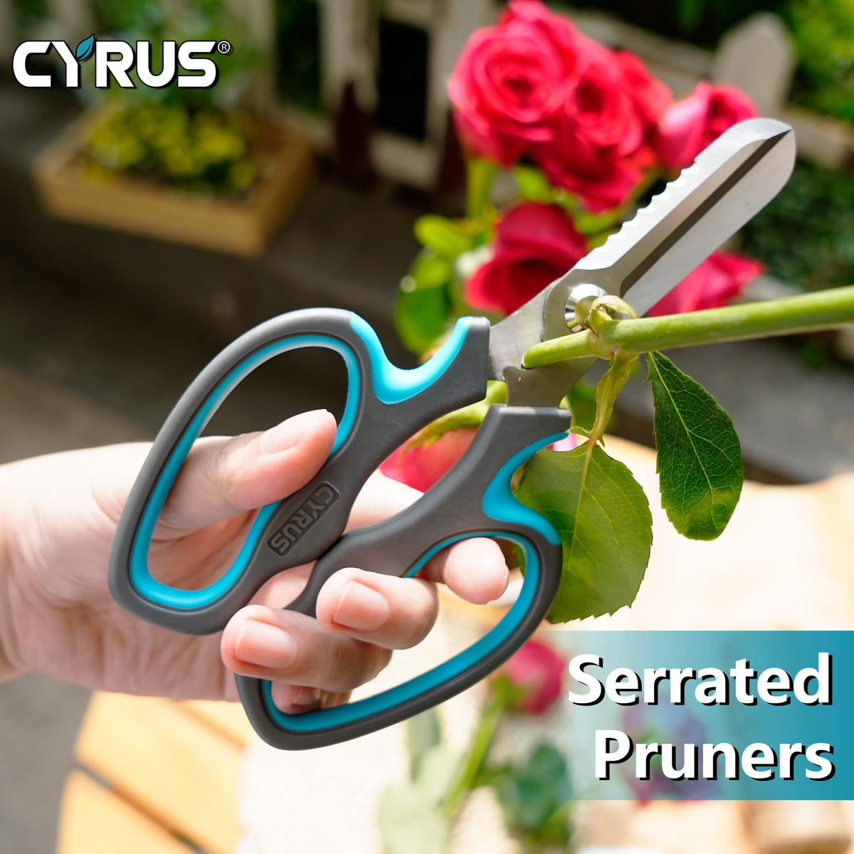 CYRUS garden shears with ergonomic two-tone handles for fatigue-free trimming