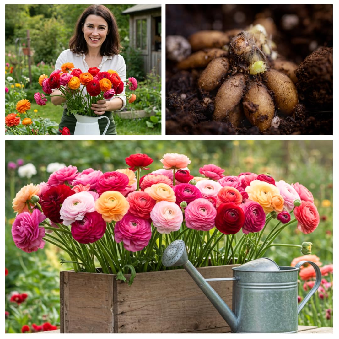 CZ Grain container planting ranunculus bulbs in a sunny setup.