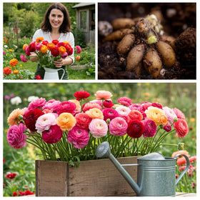 CZ Grain container planting ranunculus bulbs in a sunny setup.