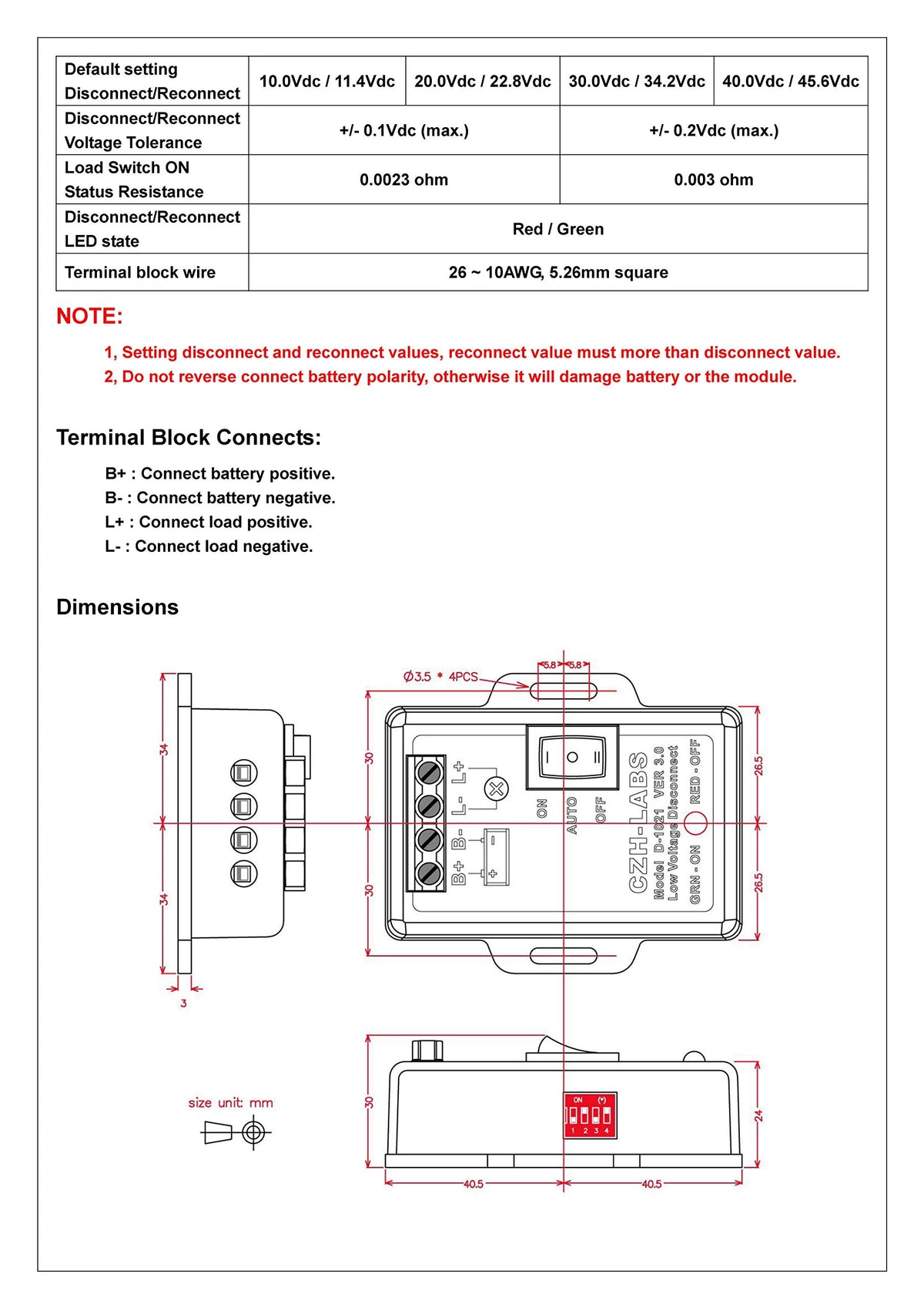CZH-LABS LVD module suitable for solar and UPS applications to protect batteries.