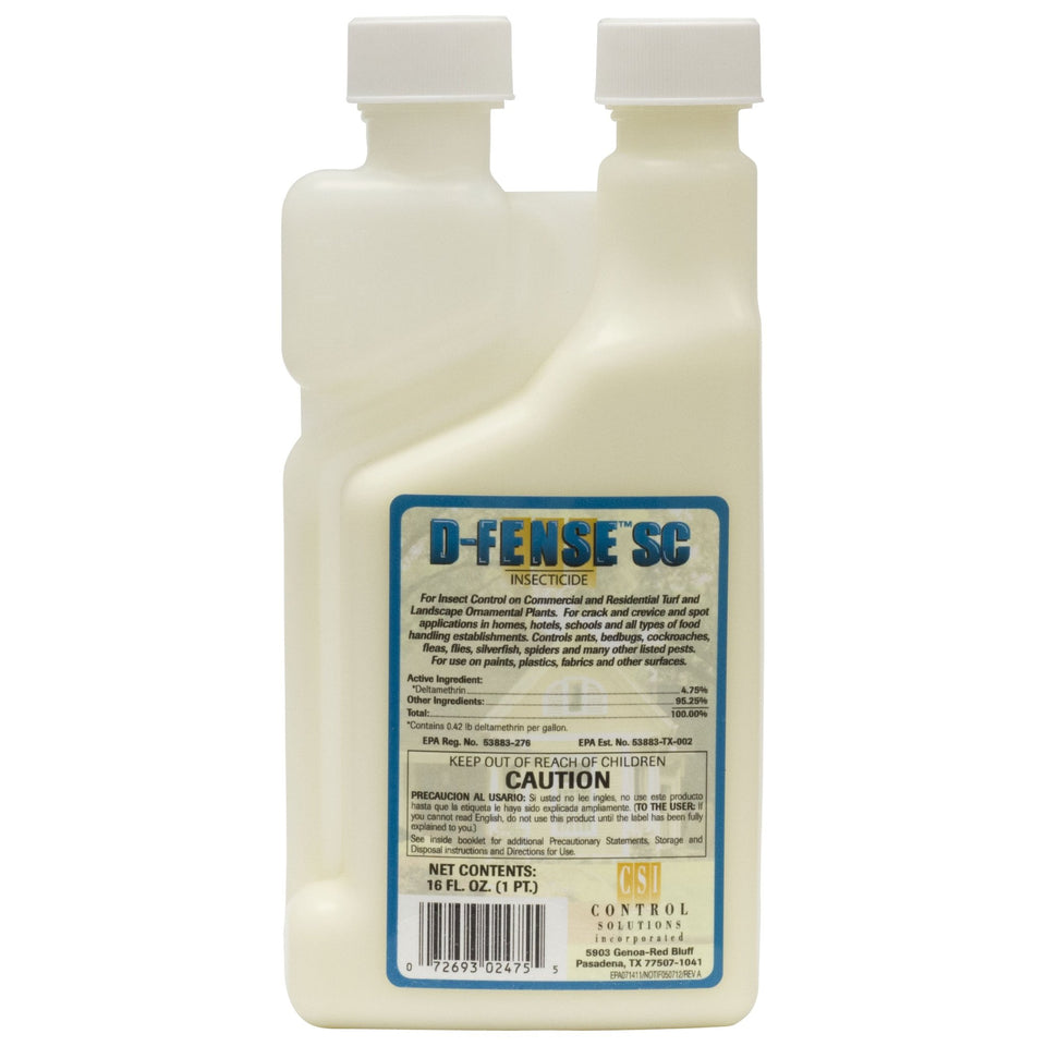 D-Fense SC deltamethrin insecticide pint bottle for indoor crack-and-crevice pest control.