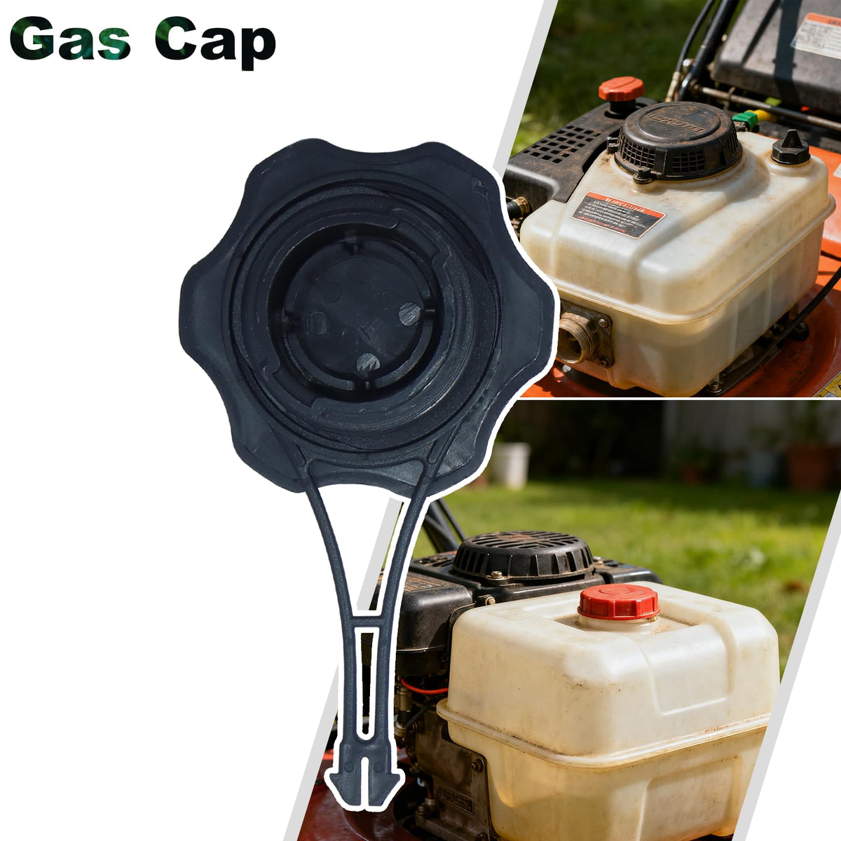 DABAZUALY easy-install fuel cap shown on a lawn mower for quick maintenance.