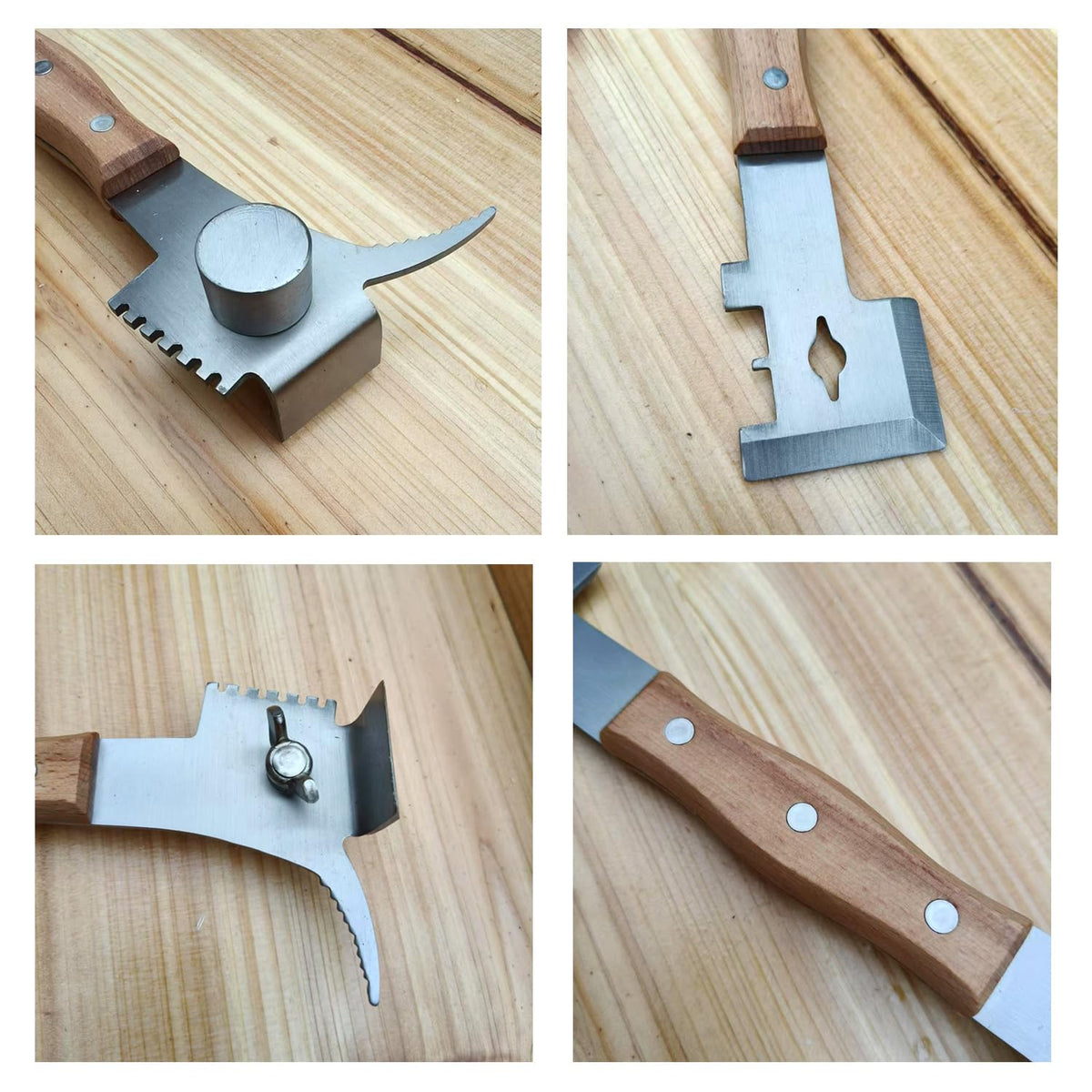 Dabkanna bee hive tool scraper end in action for wax removal.