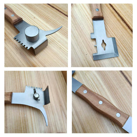 Dabkanna bee hive tool scraper end in action for wax removal.