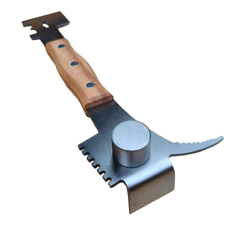 Dabkanna multipurpose bee hive tool with wooden handle, front view, comfortable grip during hive tasks.