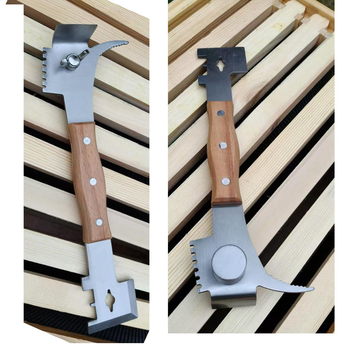 Dabkanna multipurpose bee hive tool with wooden handle, side view, balanced leverage for prying and scraping.