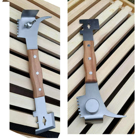 Dabkanna multipurpose bee hive tool with wooden handle, side view, balanced leverage for prying and scraping.