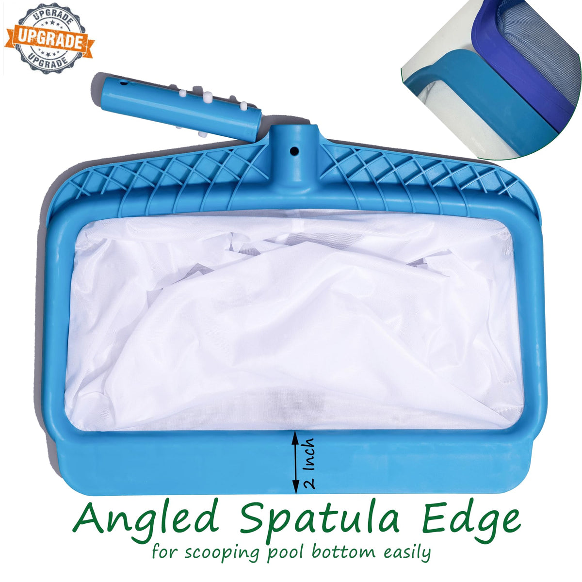 DABOVIN skimmer net with angled front lip for easier bottom debris pickup.