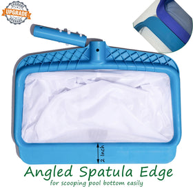DABOVIN skimmer net with angled front lip for easier bottom debris pickup.