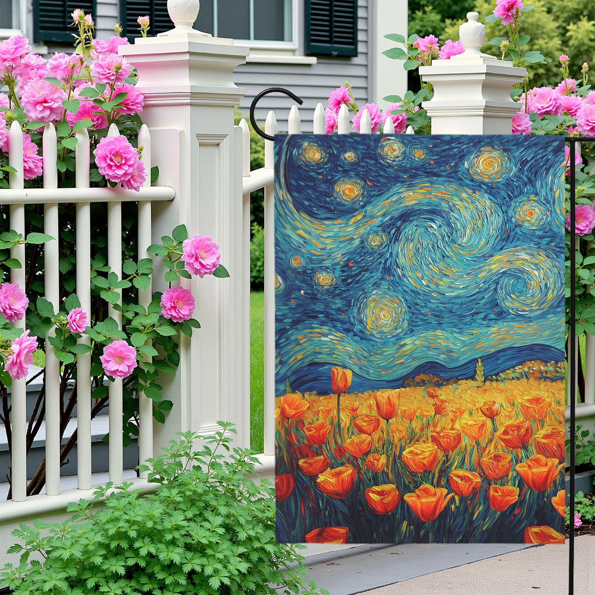 Dacawin blue night starry sky with orange tulips, elevates spring decor.