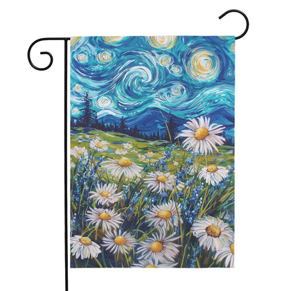Dacawin Daisy Starry Night garden flag front view showcases Van Gogh–style daisies in bloom.