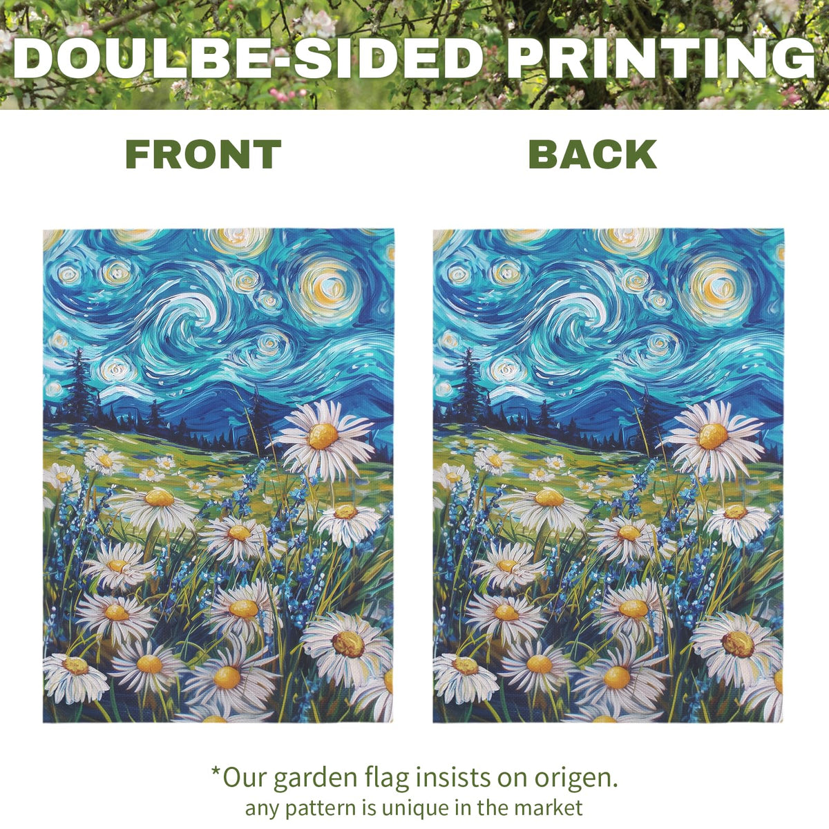 Dacawin Green meadow with blue wildflowers complements the daisies in the flag.