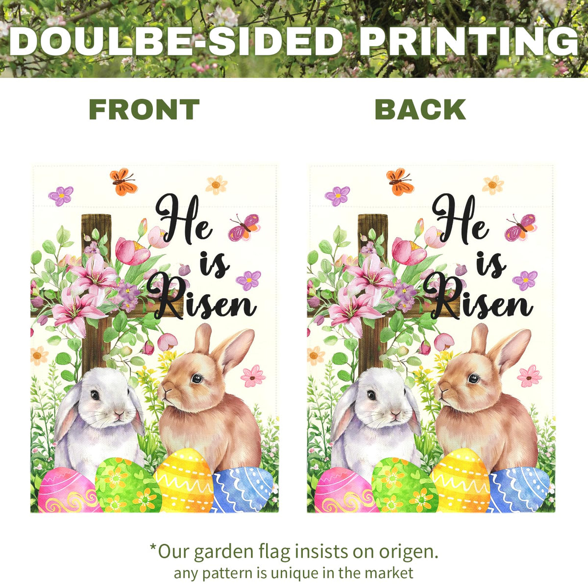 Dacawin He Is Risen Easter flag shows cross and floral pattern in yard