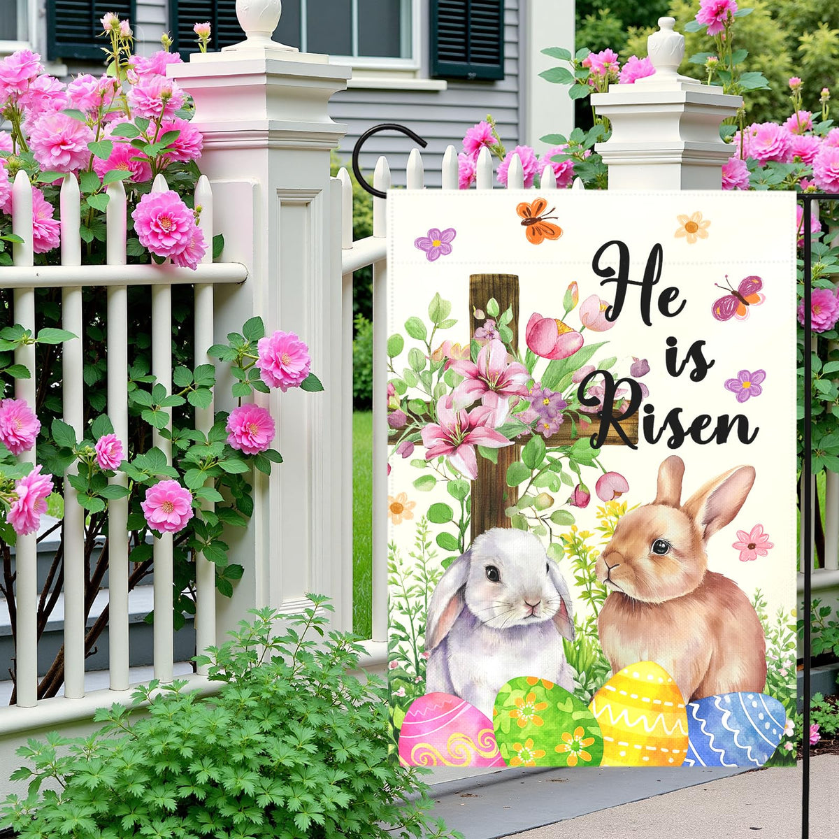 Dacawin He Is Risen Easter flag features Easter eggs for seasonal display