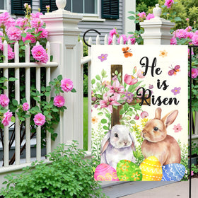 Dacawin He Is Risen Easter flag features Easter eggs for seasonal display