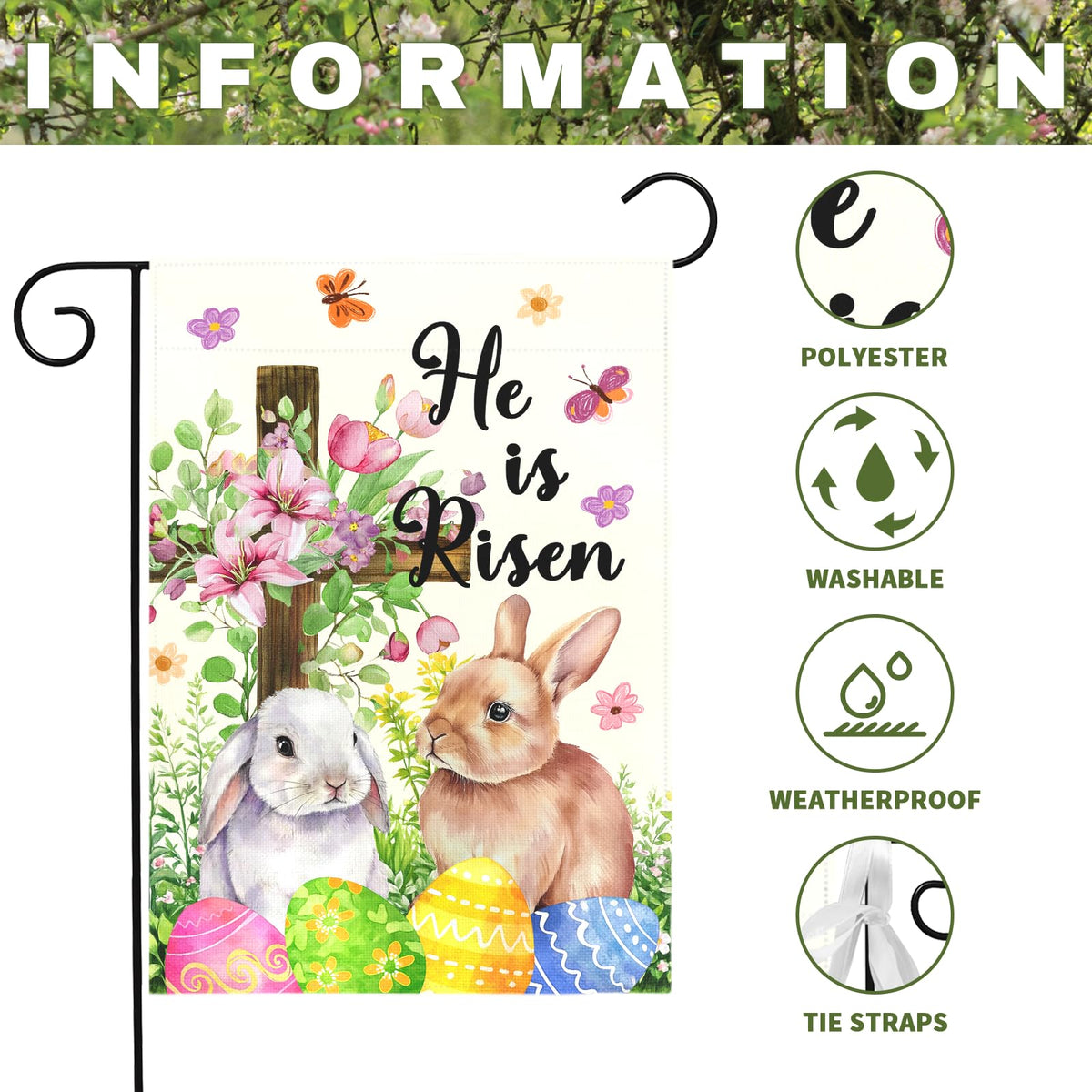 Dacawin He Is Risen Easter flag with two bunnies welcomes guests outside