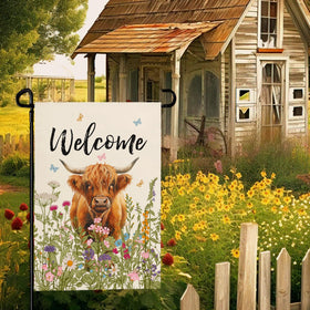 Dacawin Highland cow flag with butterflies enhances garden curb appeal.