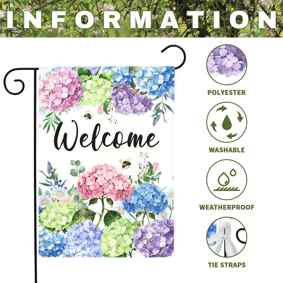 Dacawin hydrangea flowers and bees flag adding charm to outdoor seating areas.