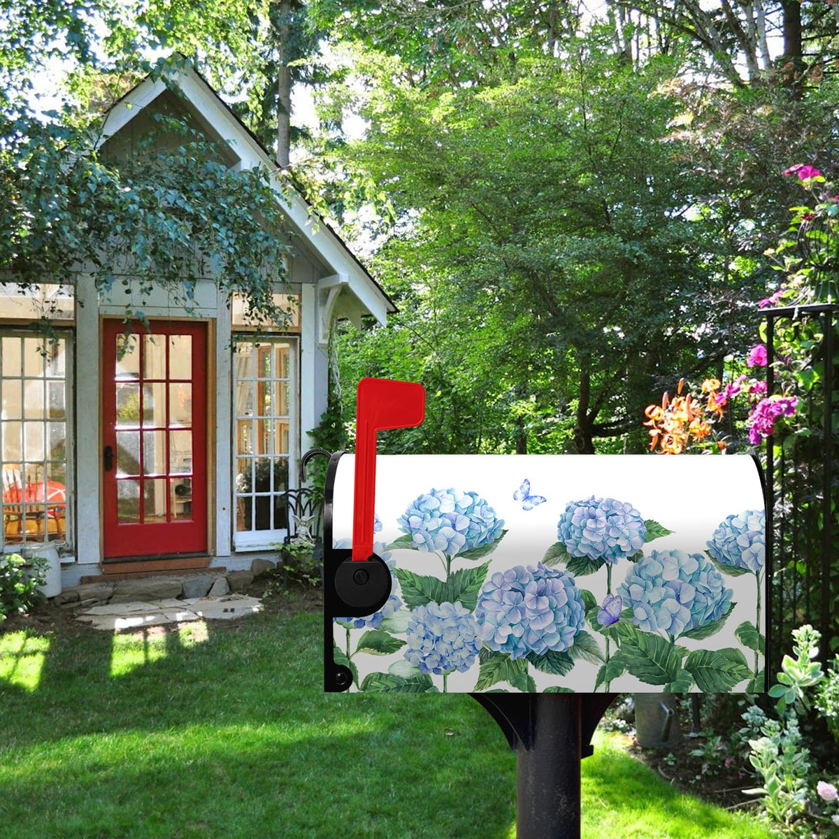 Close-up of Dacawin Hydrangea blue floral fabric on mailbox cover