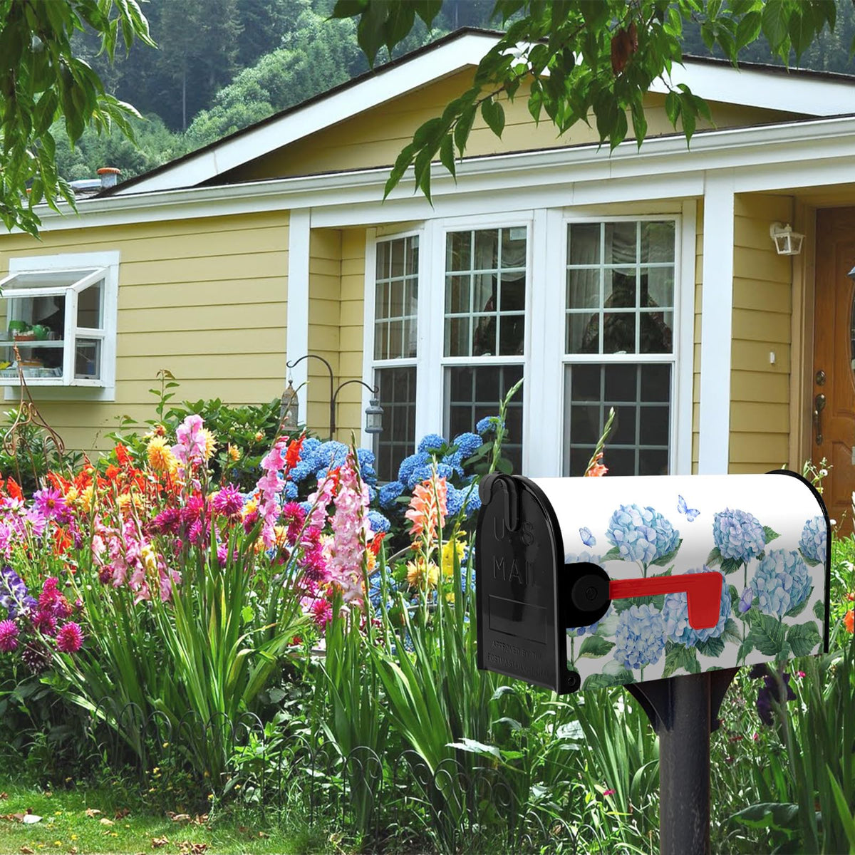 Garden decor scene with Dacawin hydrangea mailbox wrap