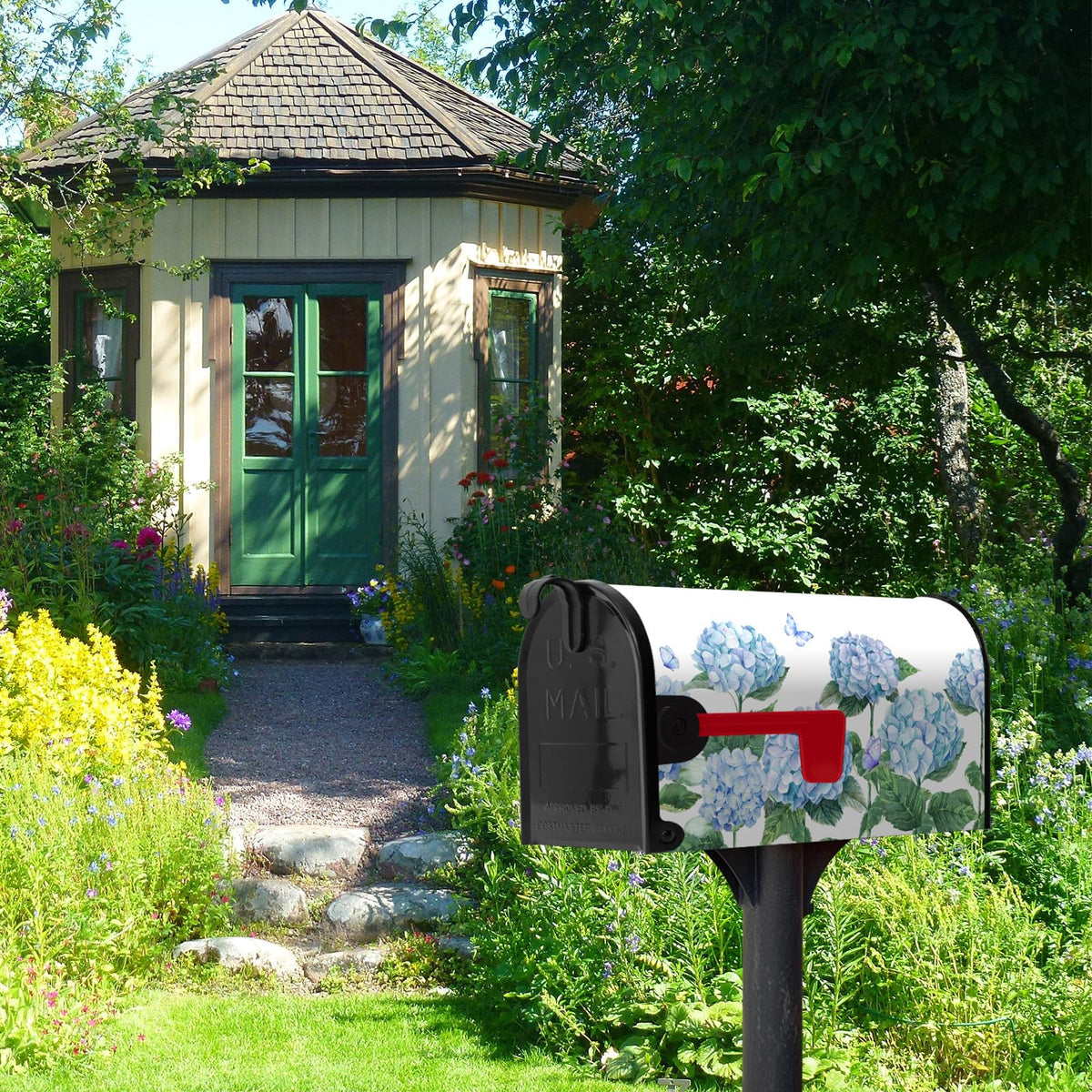 Blue hydrangea mailbox cover transitioning for seasonal change