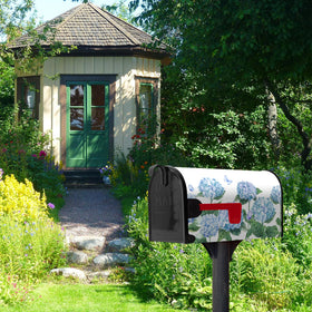 Blue hydrangea mailbox cover transitioning for seasonal change