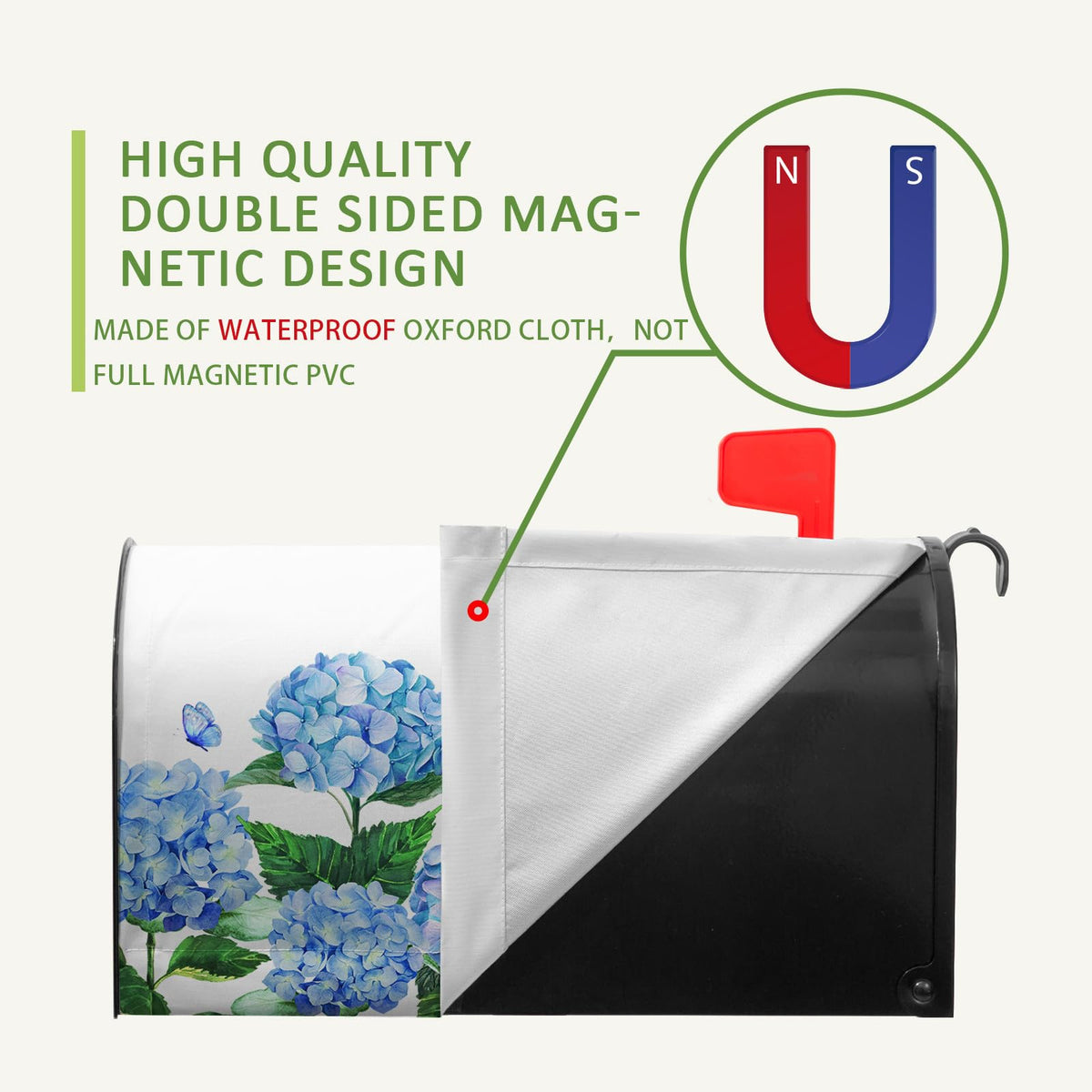 Stain-resistant blue hydrangea mailbox cover in use
