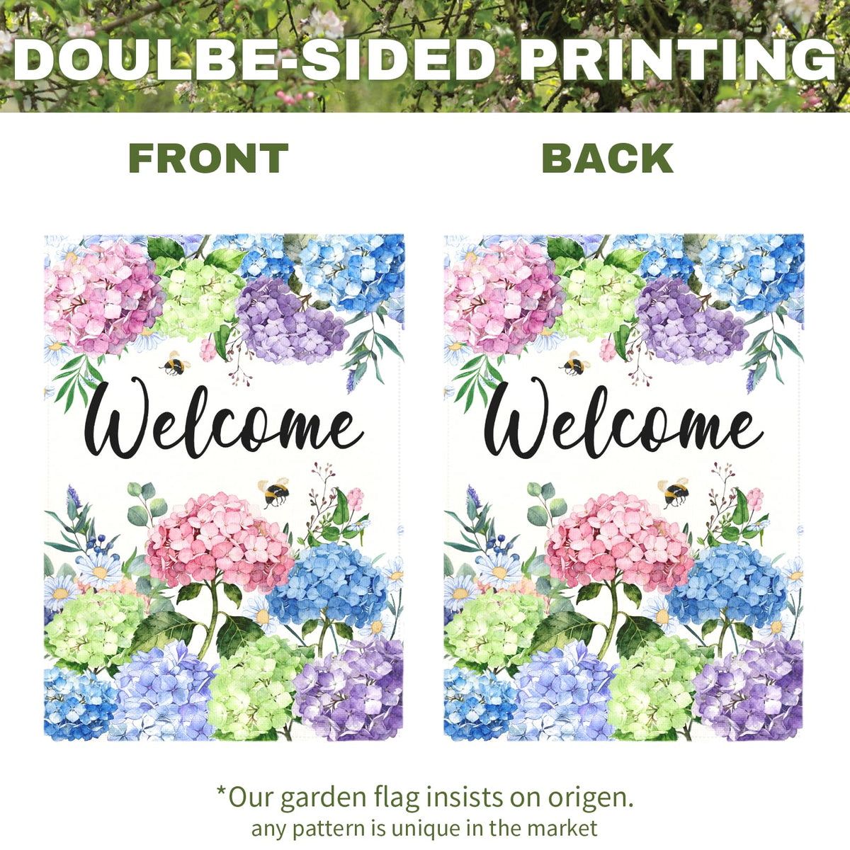 Dacawin hydrangea welcome flag displayed on a porch for a warm greeting.