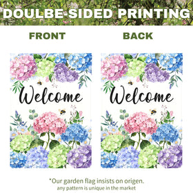 Dacawin hydrangea welcome flag displayed on a porch for a warm greeting.
