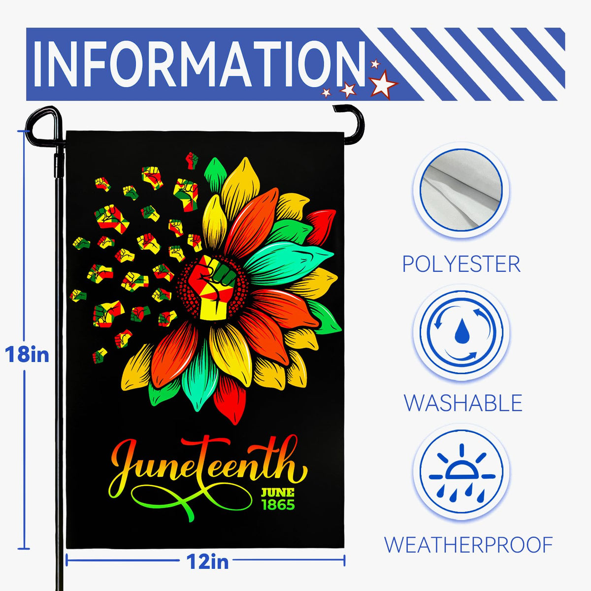 Dacawin Juneteenth flag made of all-weather polyester endures wind and sun.
