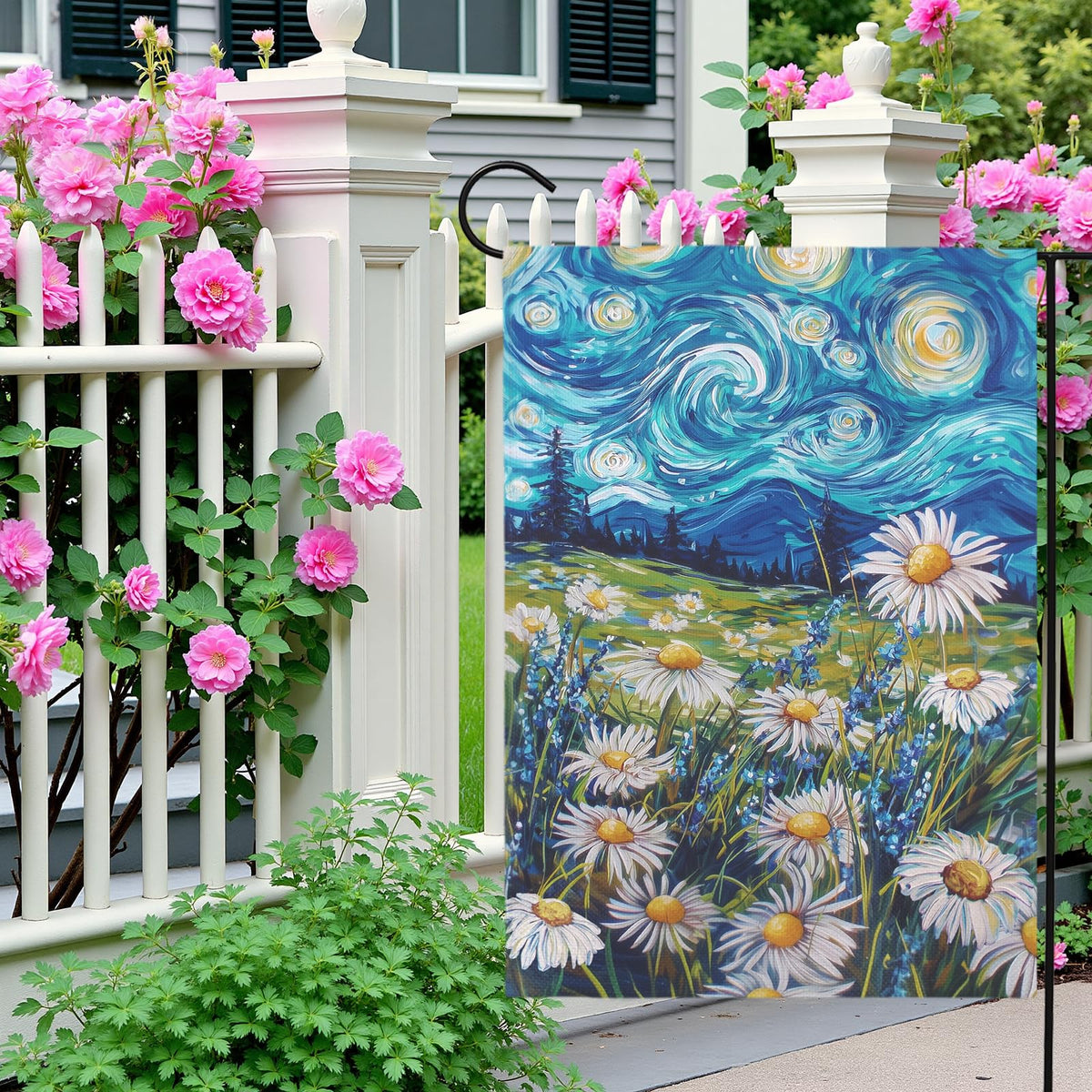 Dacawin Van Gogh–inspired starry sky flag captures swirling blues from multiple angles.