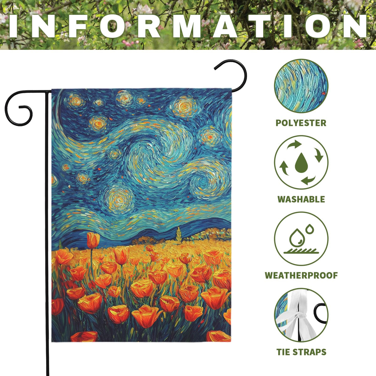 Dacawin van gogh inspired flag, swirling night sky meets vibrant tulips.
